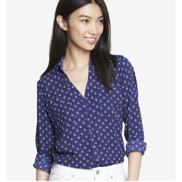 Express Tops - Express Portofino Blue Button Down Shirt Semi Sheer Nautical Anchor Size Large